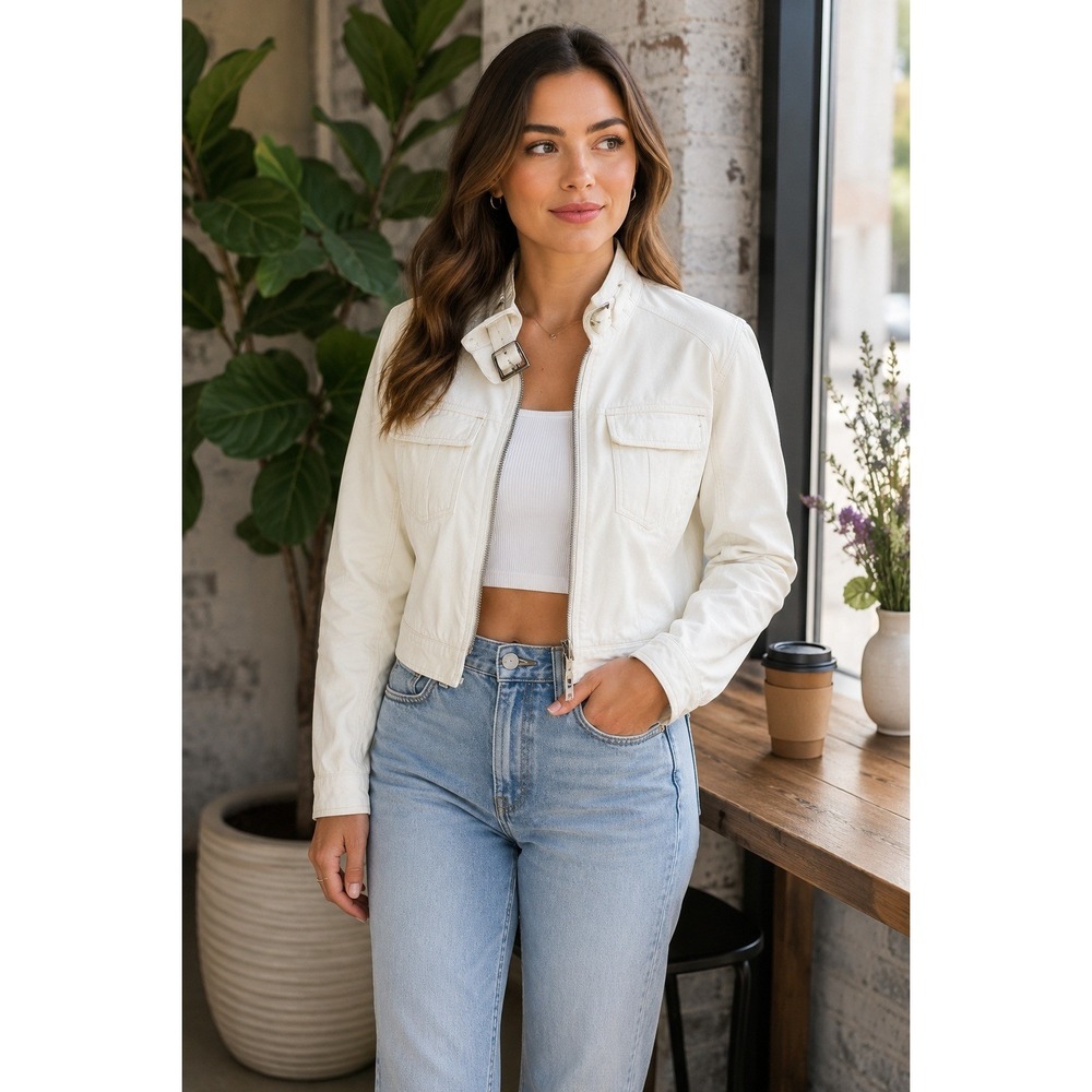 Bally Denim Moto Jacket Women 6 White Cropped Buckle Neck Italy